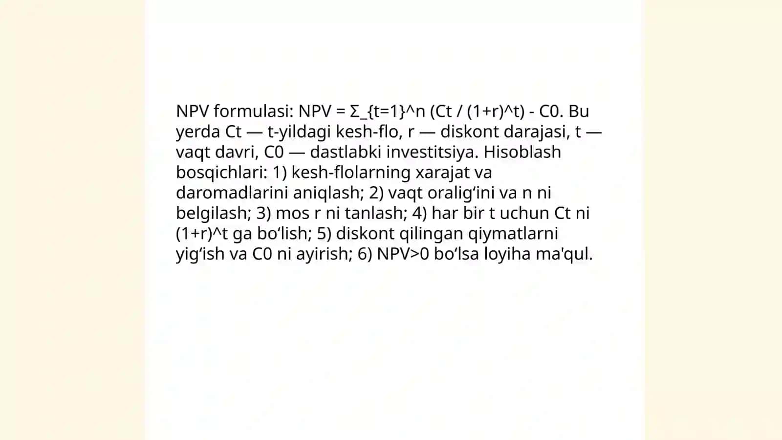 Kapitalni budjetlashtirishda Sof joriy qiymat (NPV) tushunchasi 4