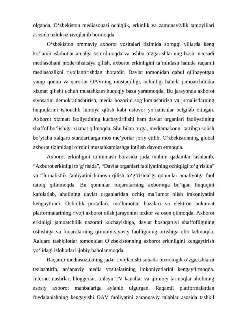 O‘zbekiston Respublikasida ommaviy axborot vositalarining faoliyati 4