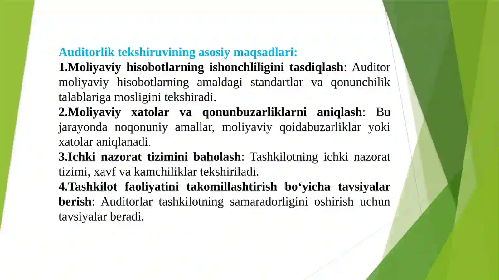 Auditorlik tekshiruvlar natijalarini umumlashtirish va baholash 4