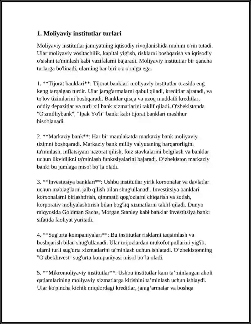 REFERAT Mavzu: MOLIYAVIY INSTITUTLARNINING TO’LIQ VA O’TIB 4