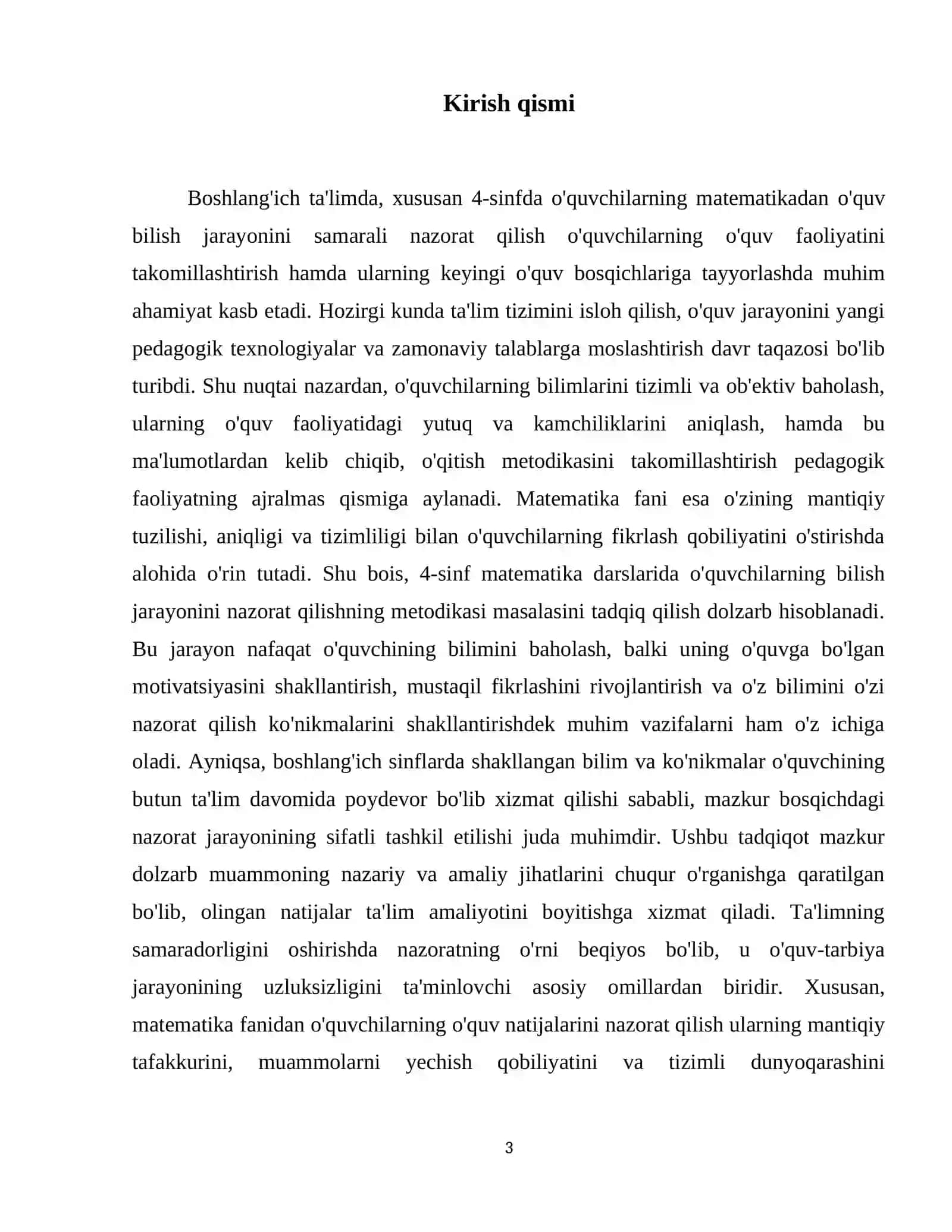 4-sinfda matematikadan oʻquvchilarni oʻquv bilish jarayonini nazorat qilish metodikasi 4