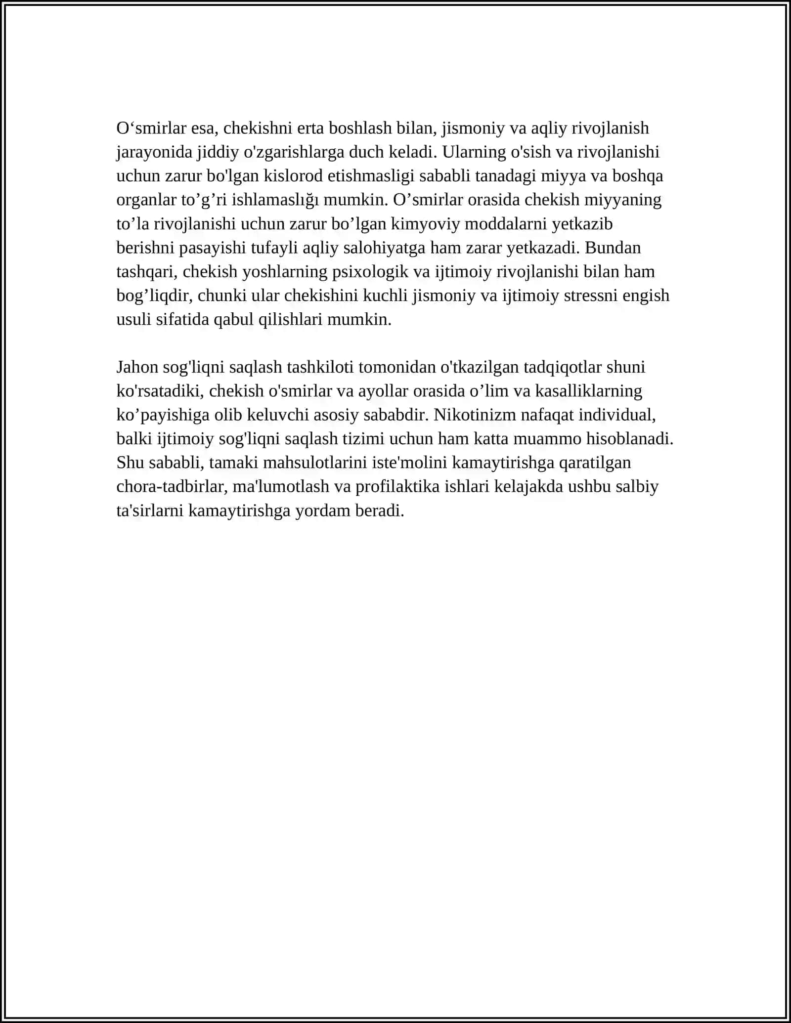 NIKOTINIZM VA UNING ASORATLARI, NIKOTINIZMNING AYOLLAR VA O'SMIRLAR ORGANIZMIGA TA'SIRI 4