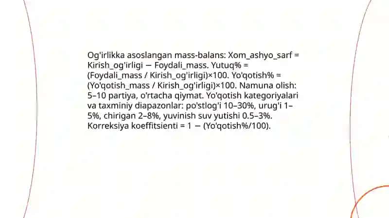 Mevalardan sharbat olishdagi xom ashyo sarfini, texnologik liniyadagi mahsulotlar yuqolish miqdorini aniqlash usullari 4