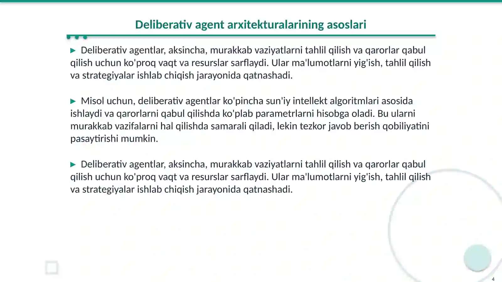 Reaktiv va deliberativ agent arxitekturalari: qiyosiy tahlil 4