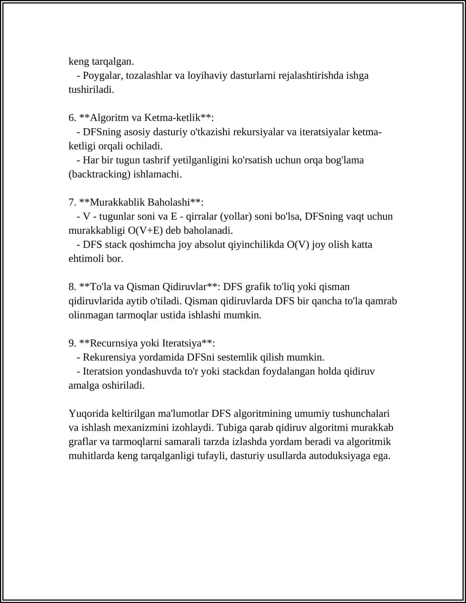 MUSTAQIL ISH Mavzu: TUBIGA QARAB QIDIRUV (DEPTH-FIRST SEARCH, DFS) ALGORITMI 4