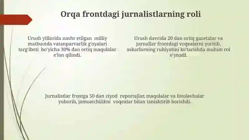 Urush paytdagi O'zbekistonlik jurnalistlarning urushga qo'shgan hissasi 4