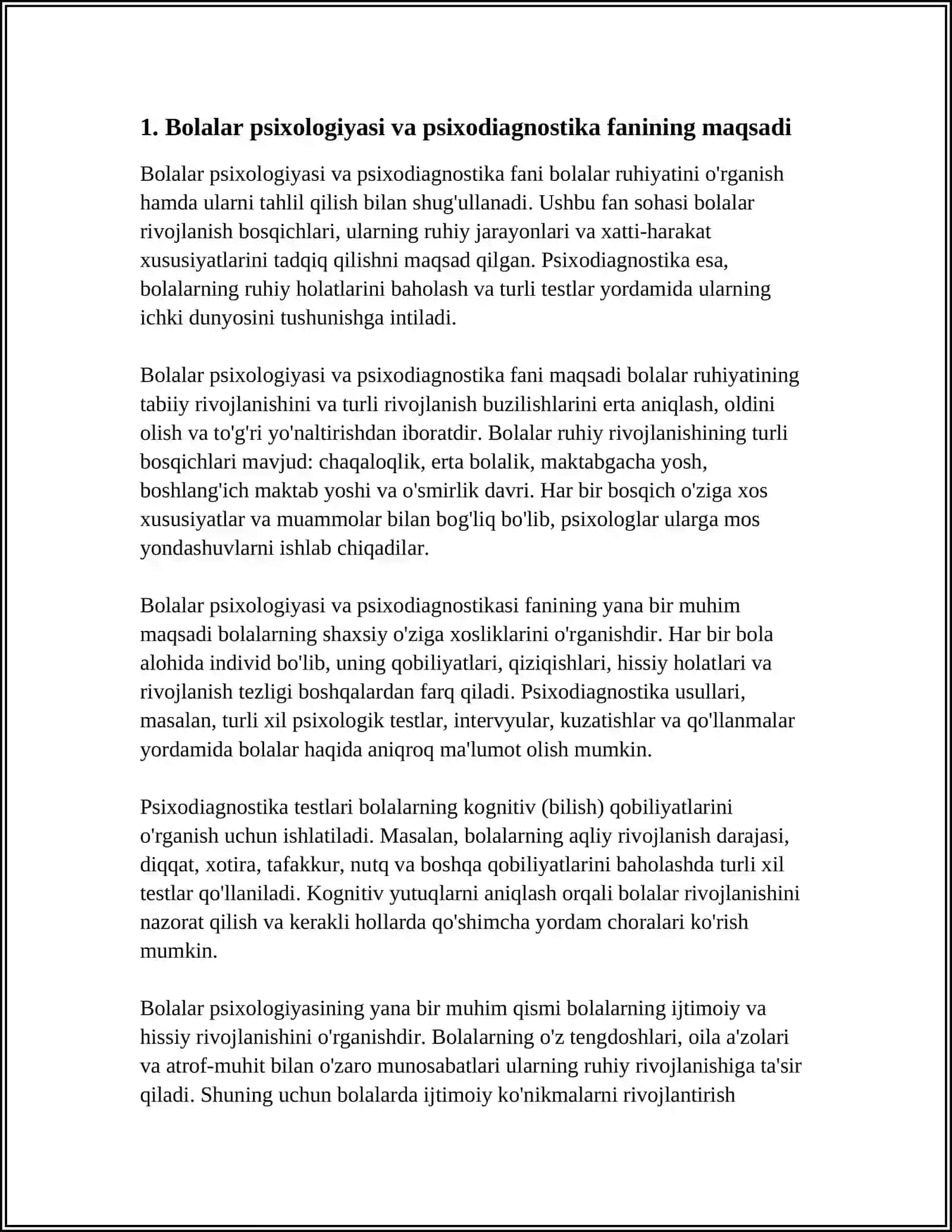 BOLALAR PSIXOLOGIYASI VA PSIXODIAGNOSTIKA FANINING MAQSADI, OB'EKTI VA PREDMETI 4