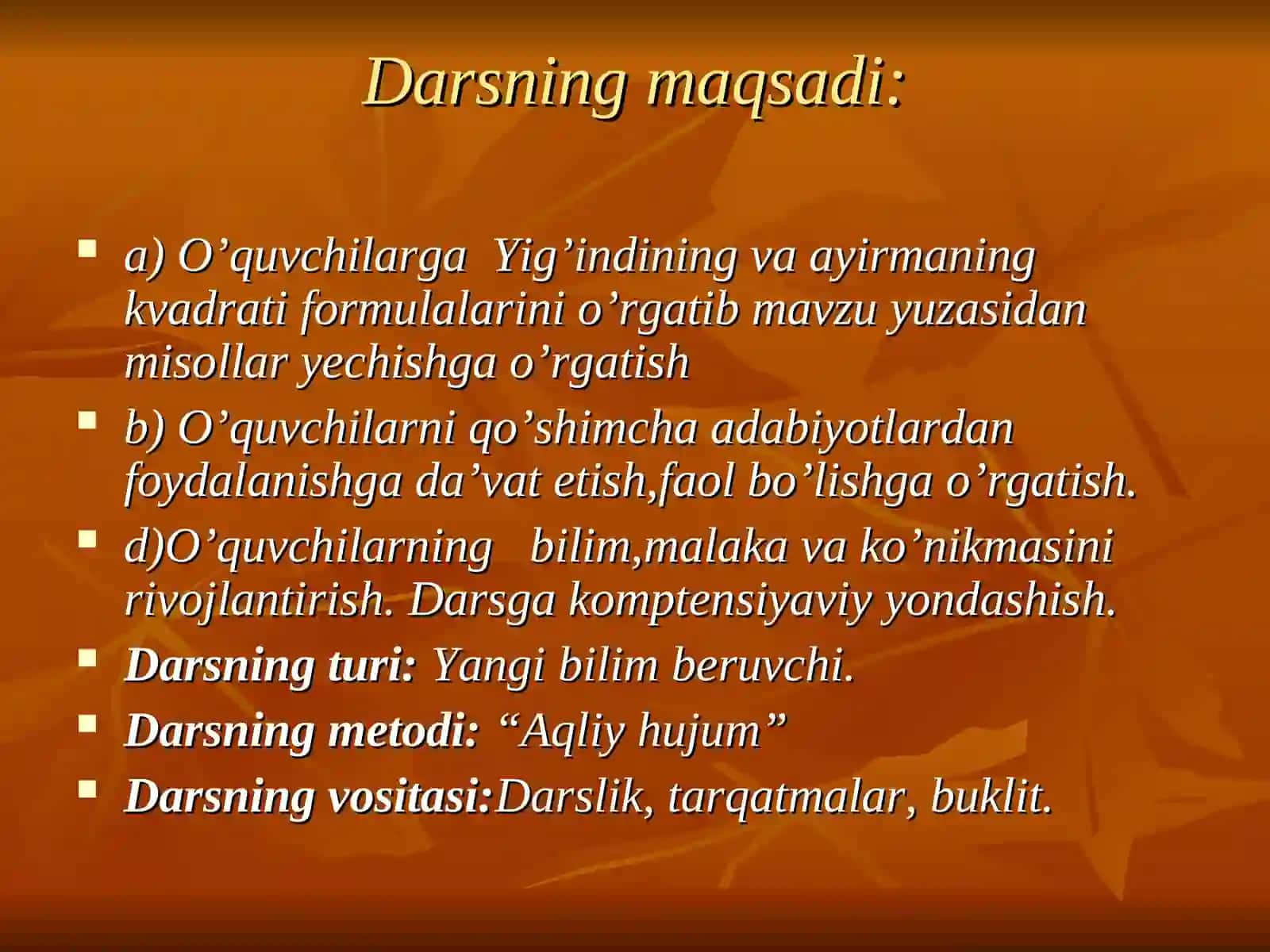 “YIG’INDINING VA AYIRMANING KVADRATI” mavzusida tayyorlaganTAQDIMOTI 4