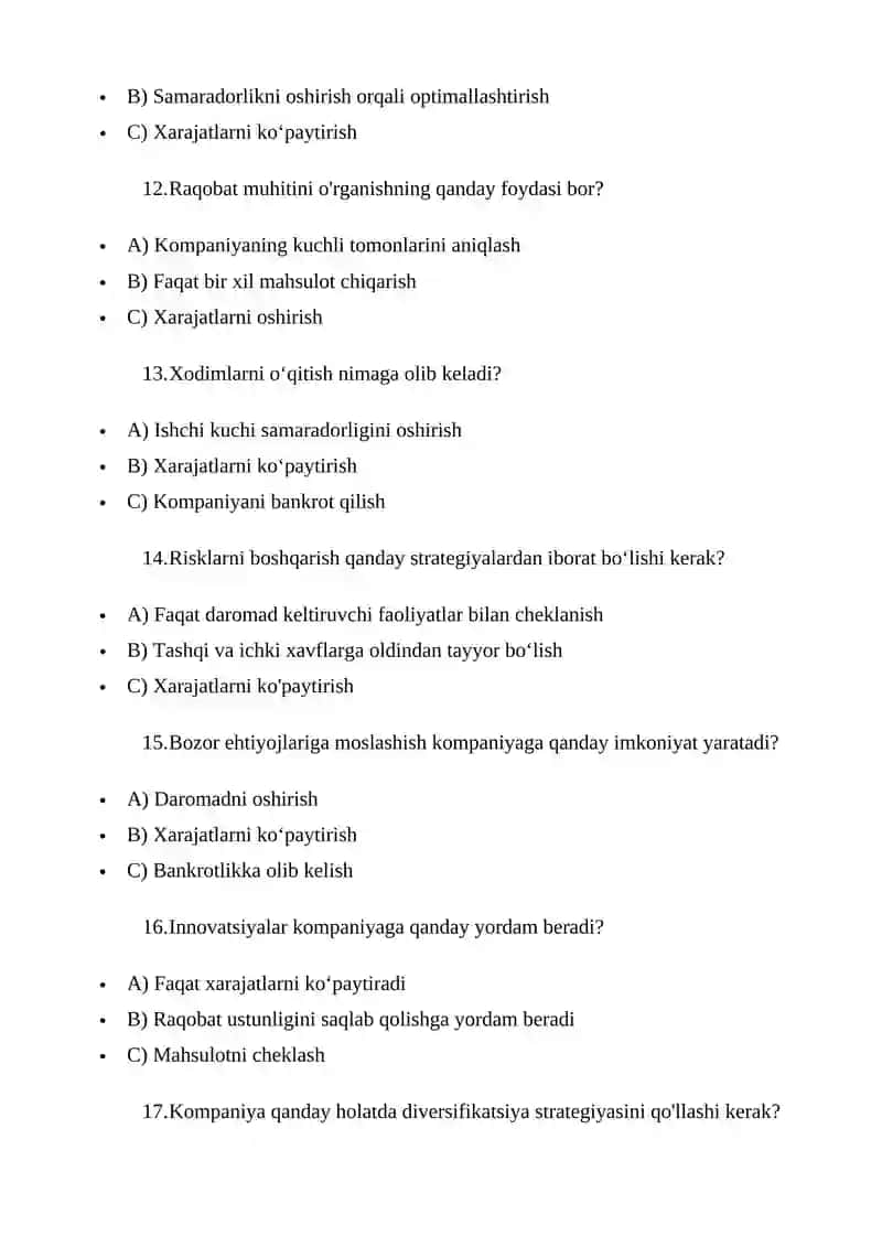 Iqtisodiy nochorlik (bankrotlik)ni oldini olish chora-tadbirlari test tuzish 4