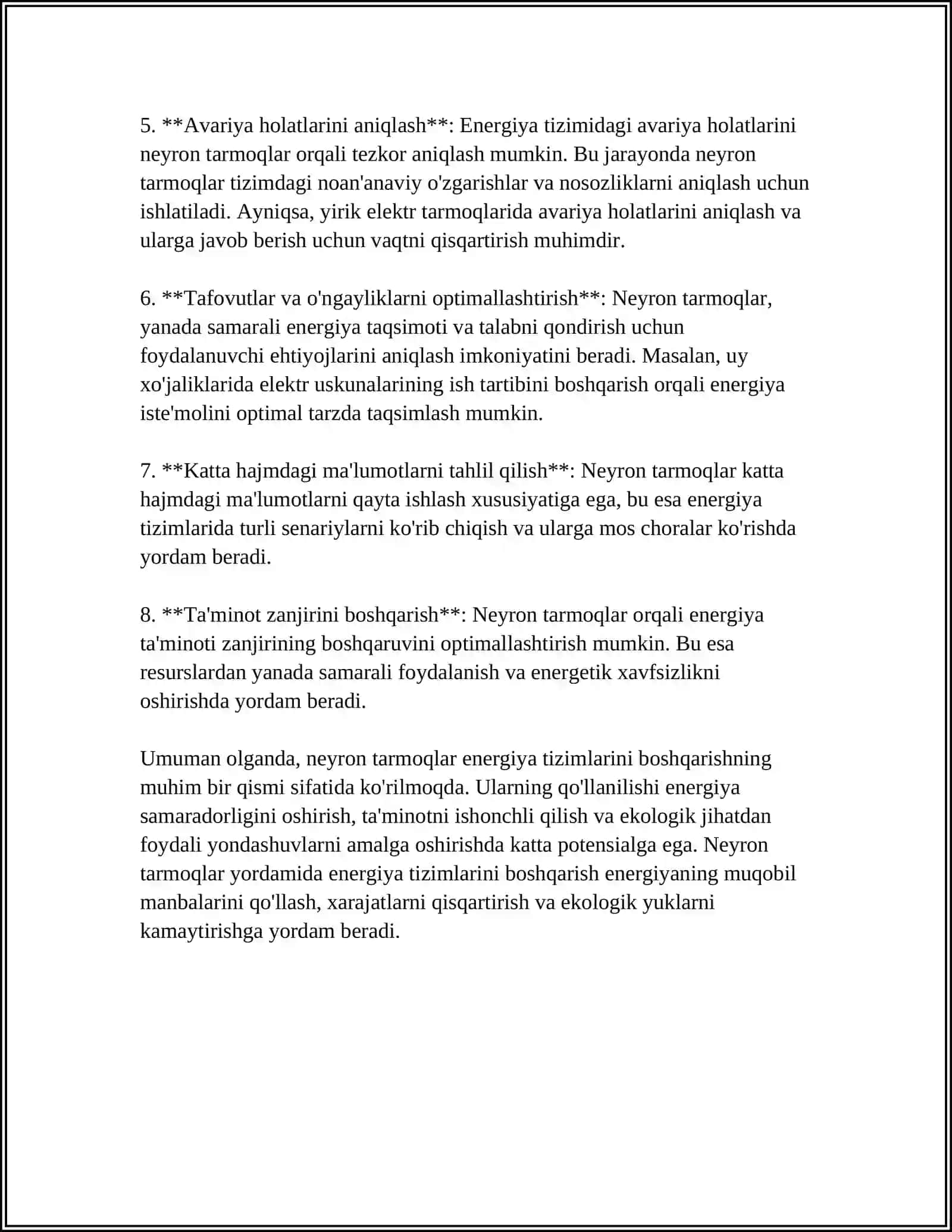 YAGONA ELEKTR ENERGIYA TIZIMINING BARQARORLIGIDA NEYRON TEXNOLOGIYALAR QOʻLLASH IMKONIYATLARI 4