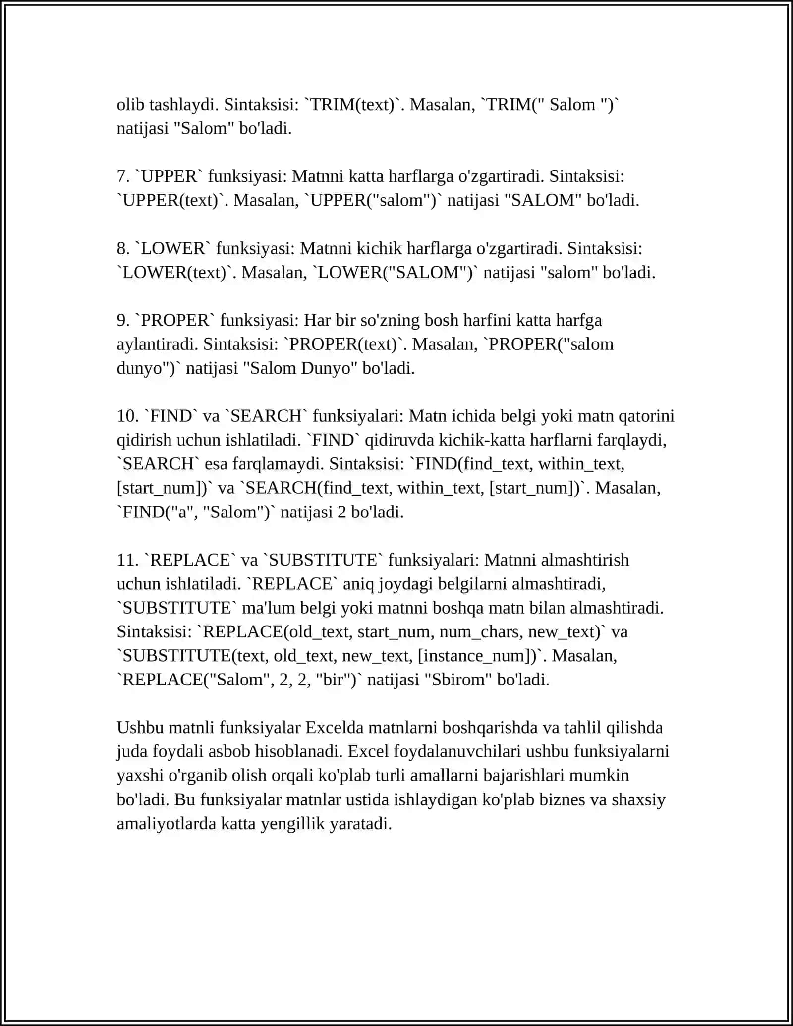 EXCEL DASTURIDA MATNLI,MATEMATIK,MANTIQIY VA STATISTIK FUNUKSIYALAR HAQIDA MALUMOT 4