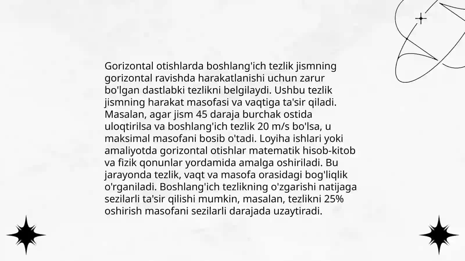 Gorizantal va garizontga nisbatan burchak ostida otilgan jismlarning harakati 4