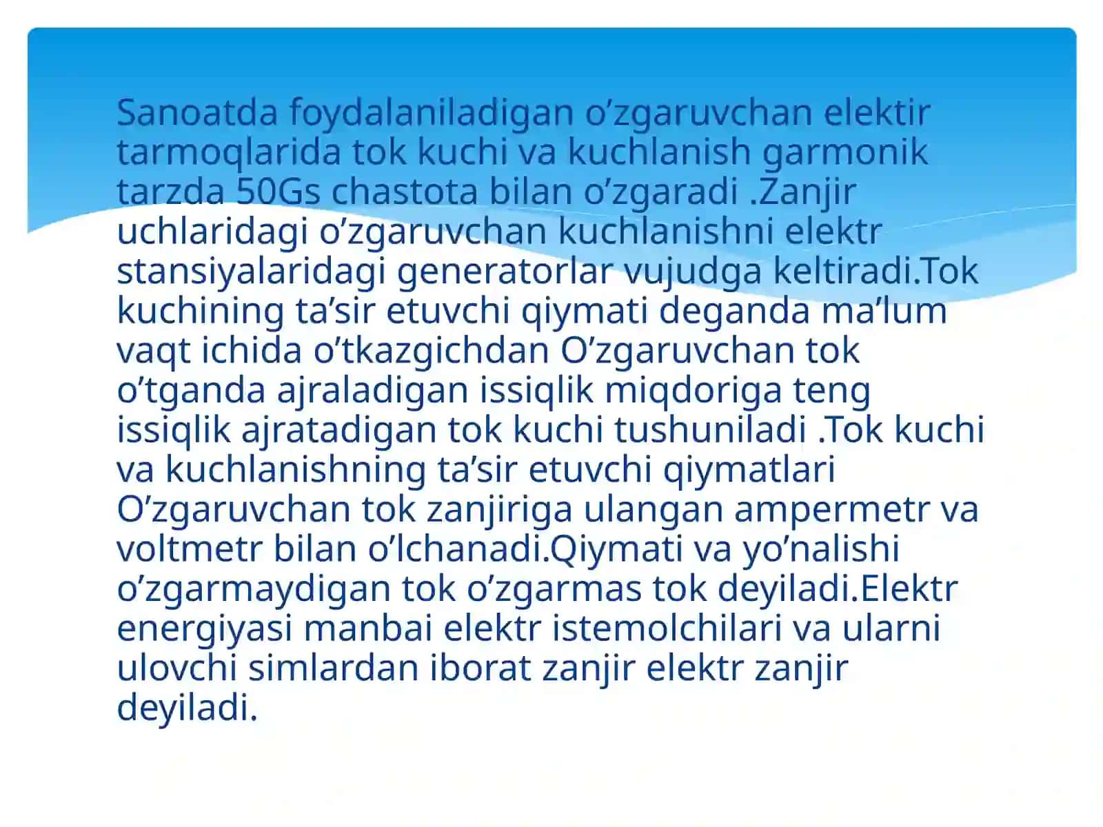 O’zgaruvchan tok zanjirida qarshilik, sig’im va induktivlik.O’zgaruvchan tok quvvati 4