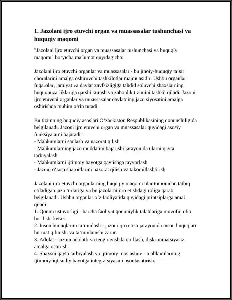 Jazolani va Boshqa Jinoyat-Huquqiy Ta'sir Choralarini Ijro Etuvchi Organ va Muassasalar Tushunchasi va Tizimi Hamda Ularni Tekshirish va Nazorat Qilish 4