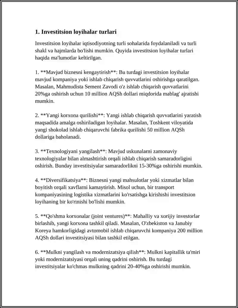INVESTITSION LOYIHALAR VA ULAR SAMARADORLIGINI BAHOLASH YO'LLARI 4