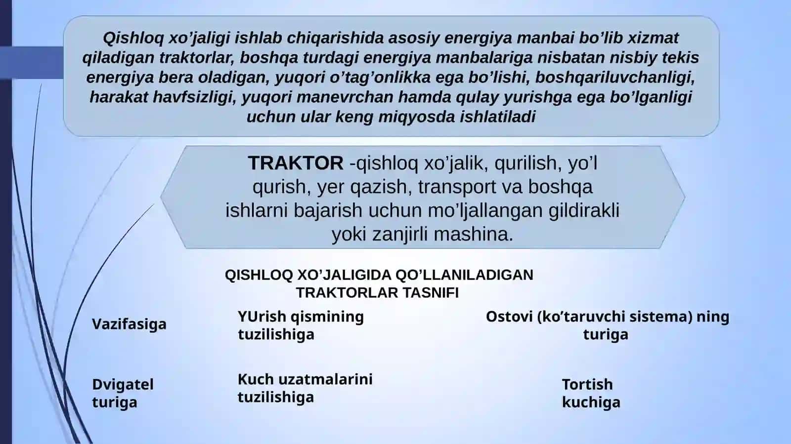 Qishloq xo‘jaligitraktor va avtomobillarning tasnifi va asosiy qismlari ichki yonuv dvigatellarining tasnifi 4