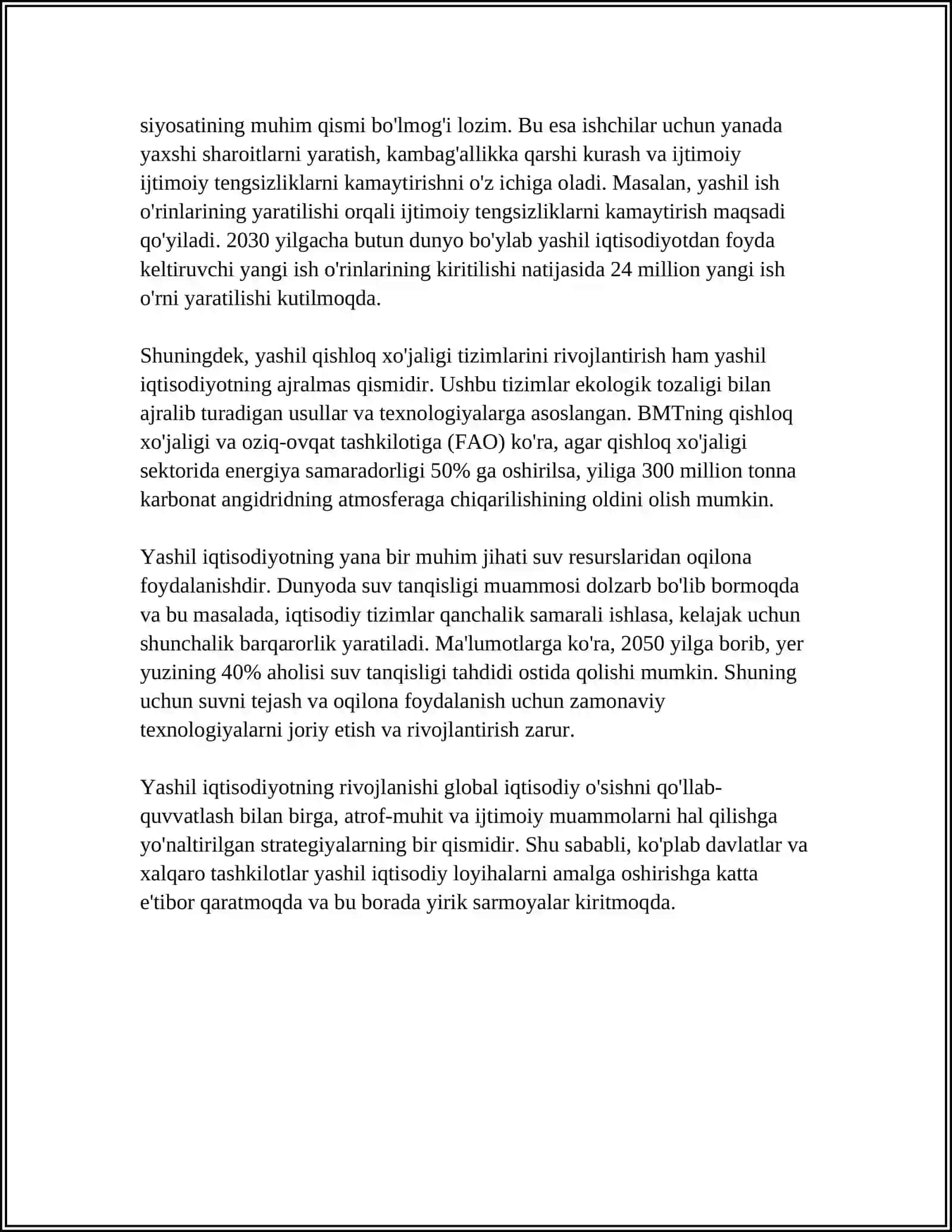 YASHIL IQTISODIYOTGA OʻTISH SIYOSATI HAQIDA MUSTAQIL ISH TAYYORLAB BERING 4