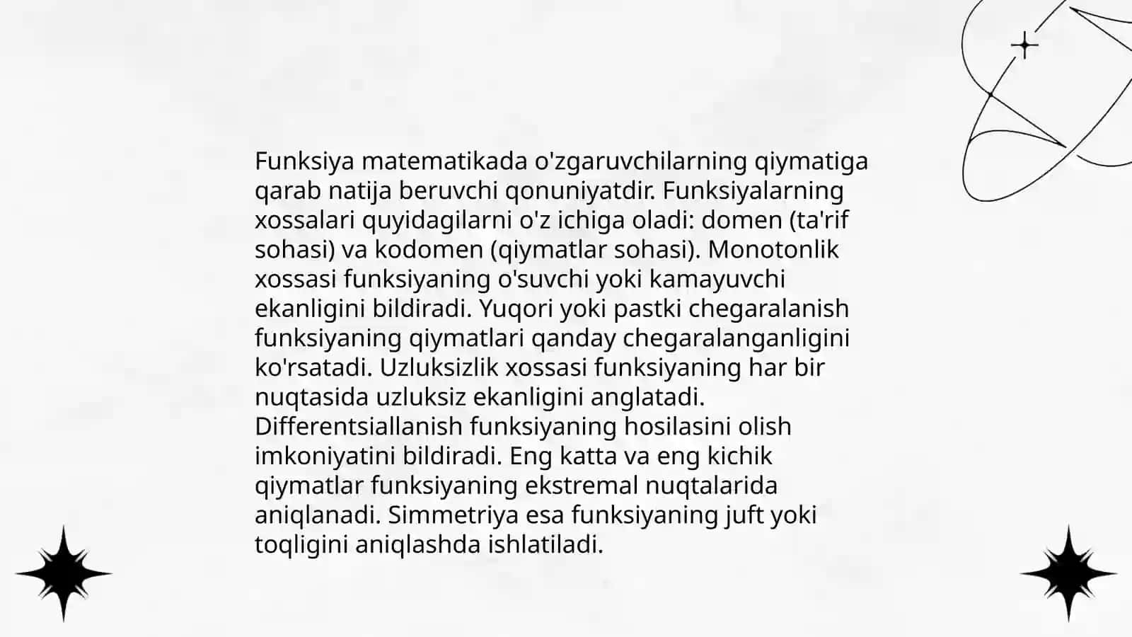 Funksiya tushunchasi. Funksiya limiti. Funksiya limitini hisoblash. Birinchi va ikkinchi ajoyib limit. Cheksiz katta va cheksiz kichik funksiyalar 4