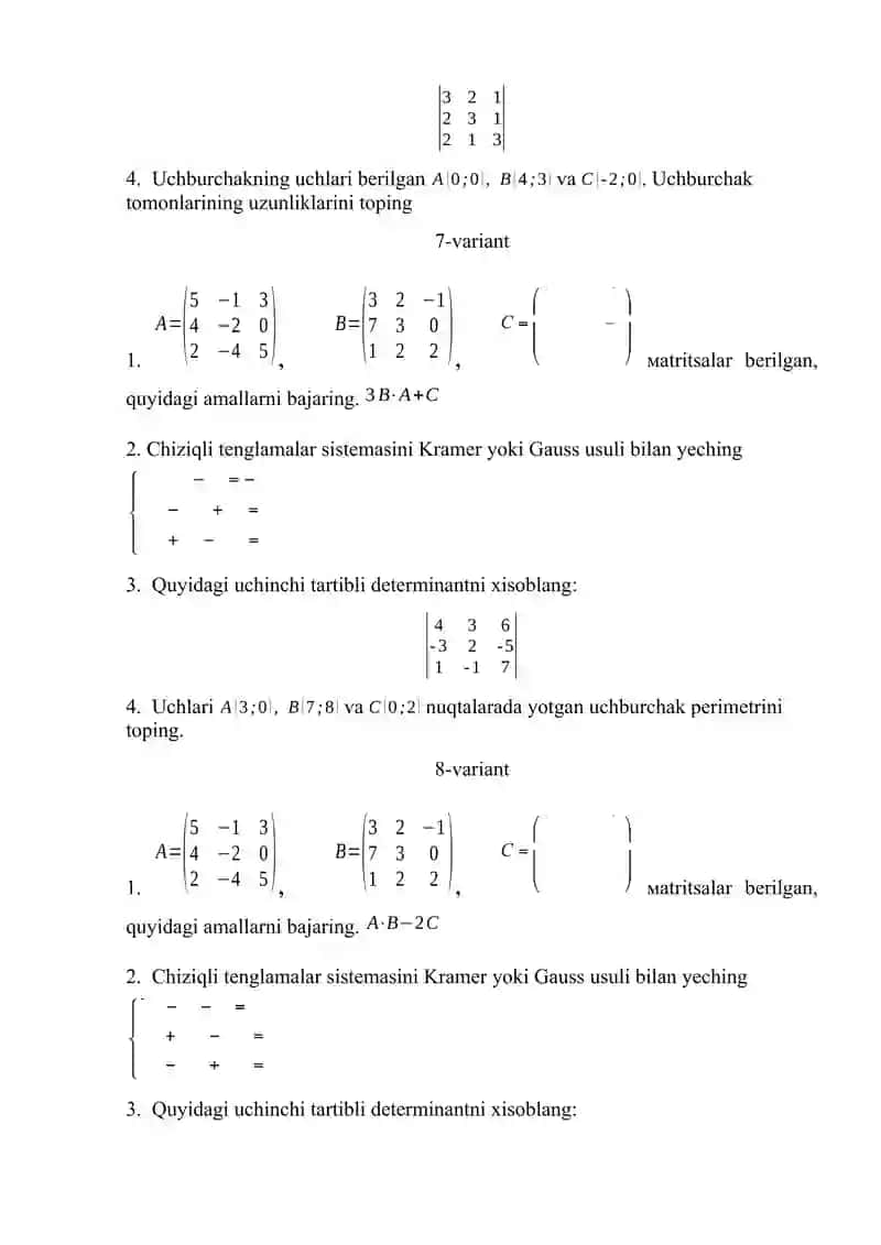 Oliy matematika fanidan oraliq nazorat ishi topshiriq variantlari 4