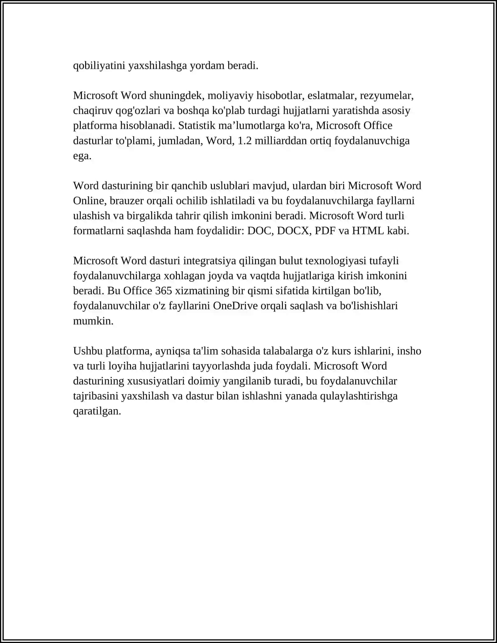 MICROSOFT WORD MATN MUXARRIRI DASTURIDAN FOYDALANISH MICROSOFT WORD DASTURI YORDAMIDA MATNLARNI TAXRIRLASH ASOSLARI 4