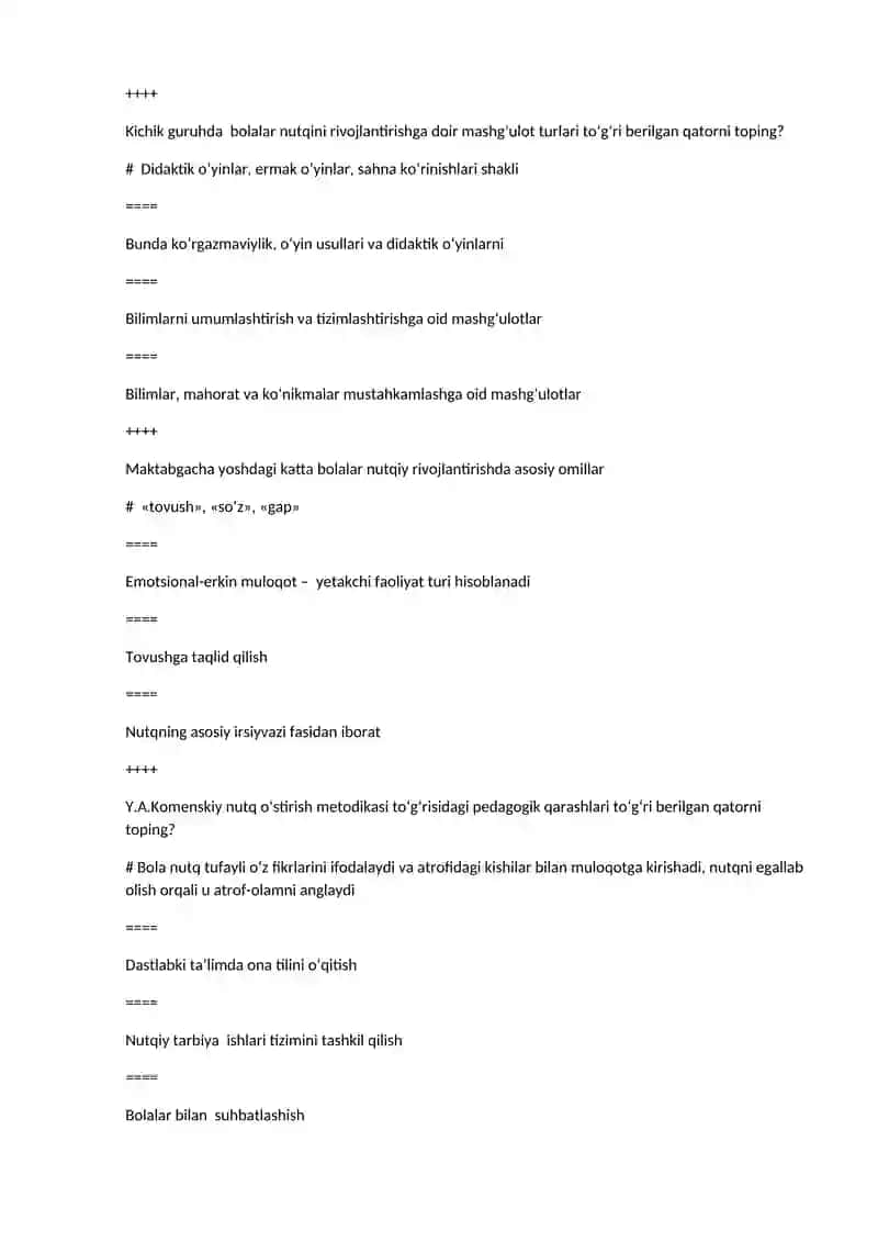 Maktabgacha ta’lim yoshudagi bolalar nutqini o‘stirish fanidan test savollari 4