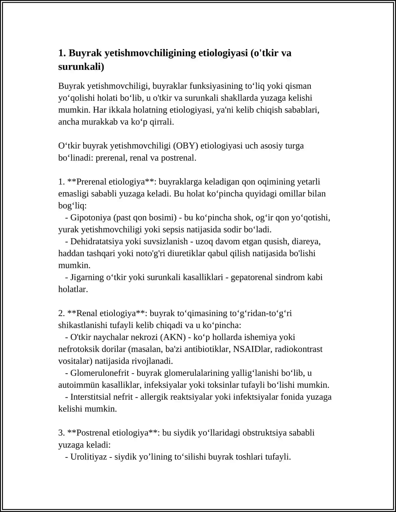 BUYRAK YETISHMOVCHILIGI (O'TKIR VA SURUNKALI) SIMPTOMATOLOGIYASI VA DIAGNOSTIKASI DAVOLASH PRITSIPI VA PROFILAKTIKASI 4