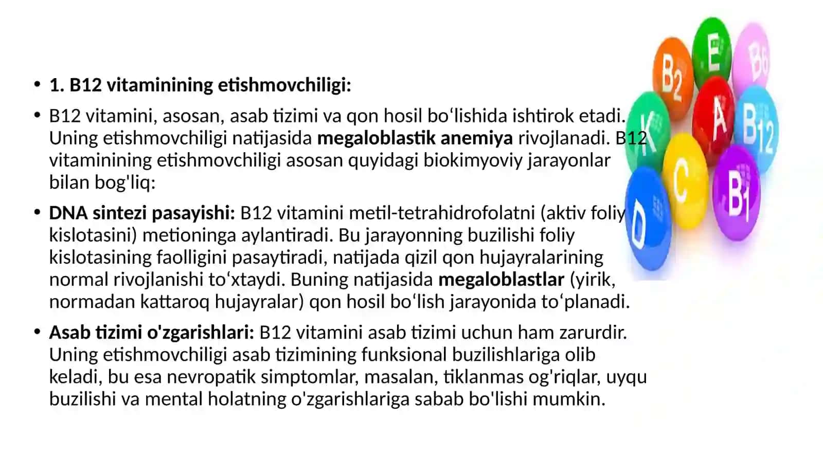 Mis, B12, B9 etishmovchiligida rivojlanadigan anemiyalarning biokimyoviy asoslari. Qon zardobida oqsillarni aniqlashning klinik ahamiyati 4