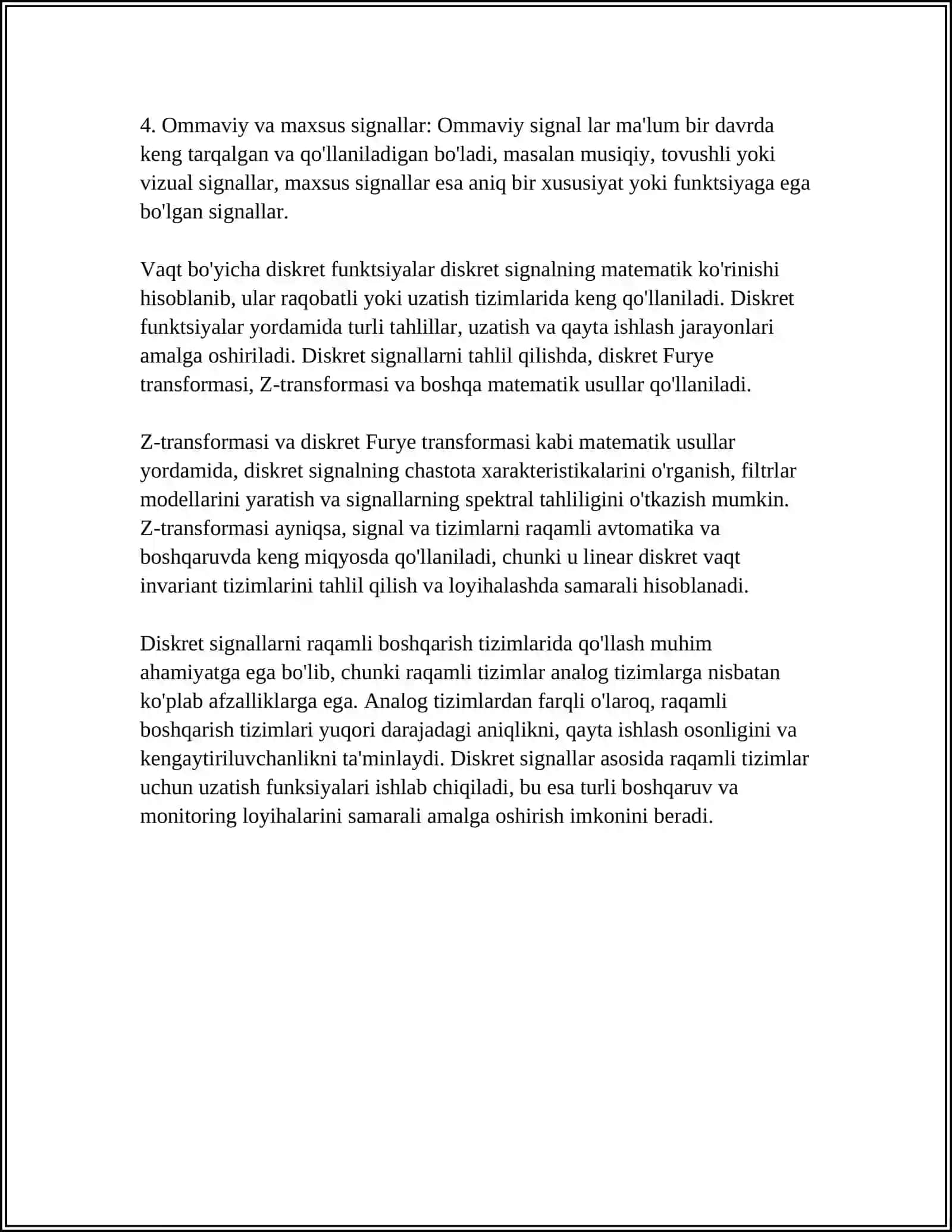 VAQT BO'YICHA DISKRET FUNKSIYALAR. RAQAMLI BOSHQARISH TIZIMLARINING UZATISH FUNKSIYALARI 4