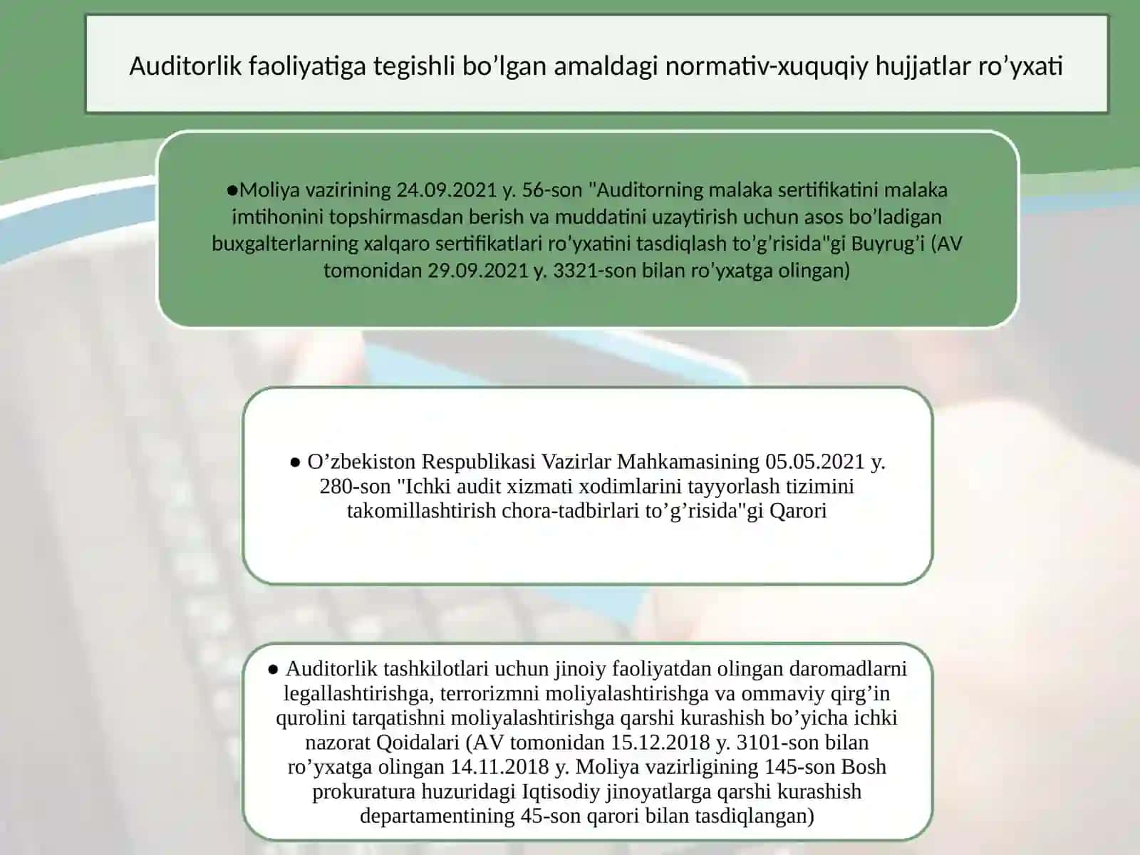 Auditorlikfaoliyatining huquqiy asoslari 4