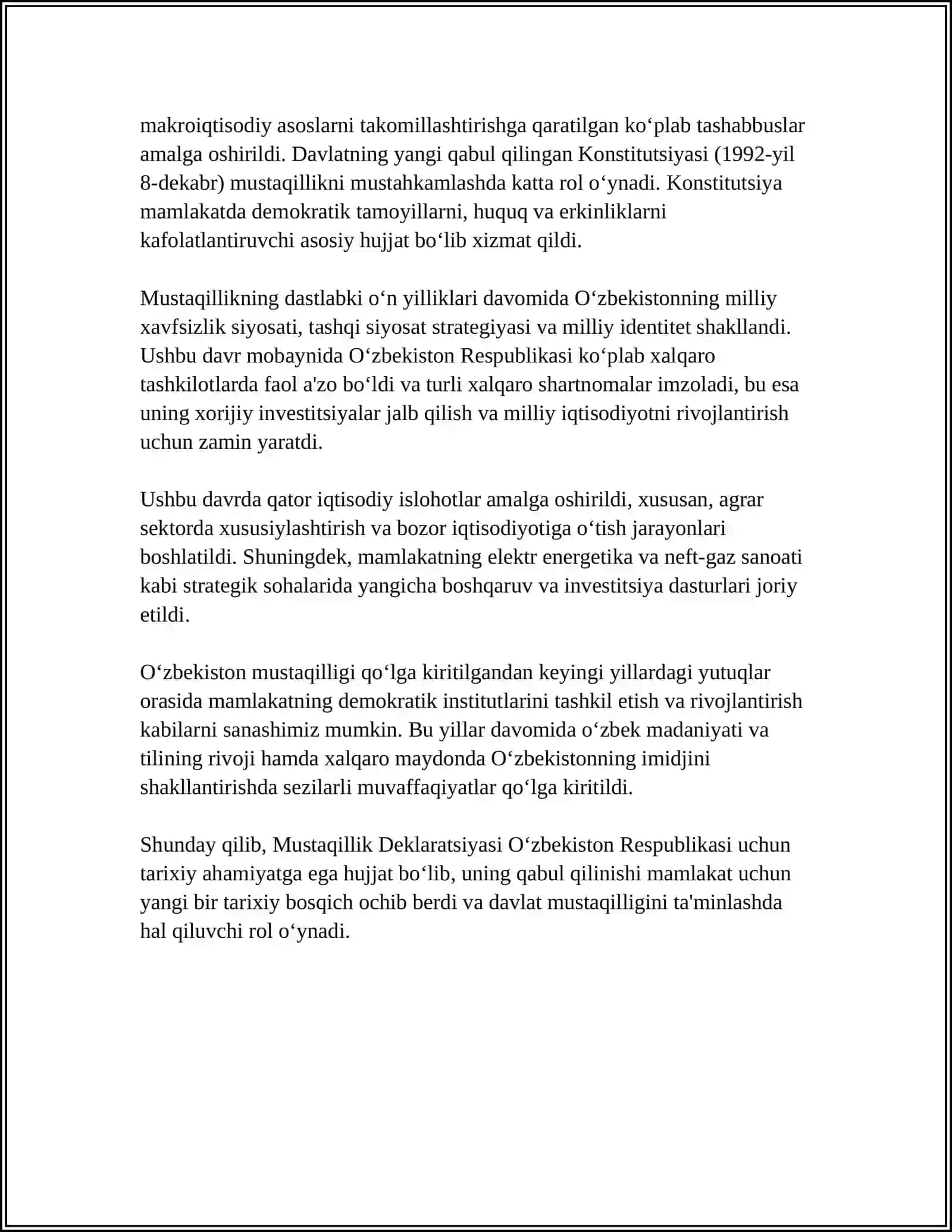 MUSTAQIL ISH Mavzu: 1991-YIL O'ZBEKISTON RESPUBLIKASINING MUSTAQILLIKKA ERISHUVI 4