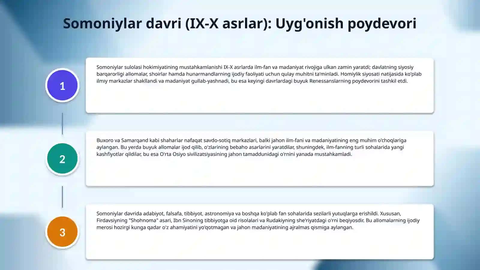 IX-XII asrlarda mamlakatimiz hududida ro'y bergan madaniy uyg'onish (Renessans).Buyuk allomalarning jahon sivilizatsiyasiga qo'shgan hissasi 4