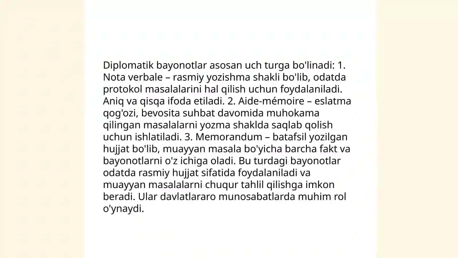 Diplomatik hujjatlar (Nota, Bayonot,Memorandum,Qaydnoma (Protokol) Rasmiy xati,ilova xati 4