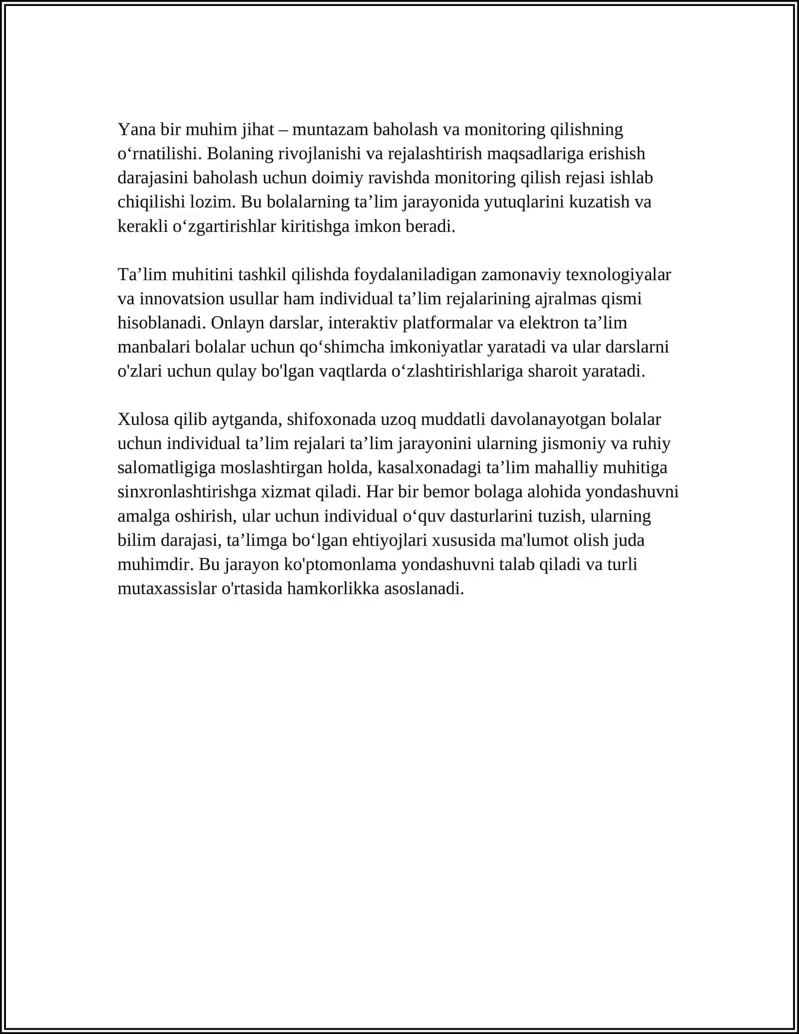 SHIFOXONADA UZOQ MUDDATLI DAVOLANAYOTGAN BOLALAR UCHUN TAʼLIMIY MUHITNI YARATISHNING OʻZIGA XOS XUSUSIYATLARI 4