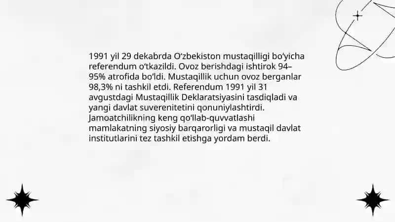 Mustaqil O‘zbekiston Respublikasining tashkil topishi va uning tarixiy ahamiyati 4
