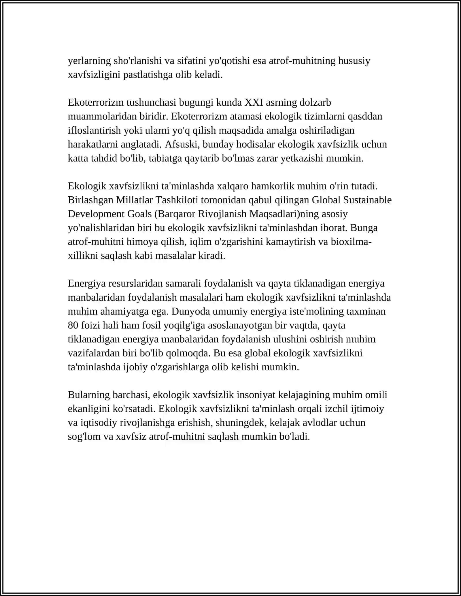 EKOLOGIK XAVFSIZLIK, UZLUKSIZ RIVOJLANISH, TA'LIM VA TARBIYA KONSEPSIYASI REFERAT 4