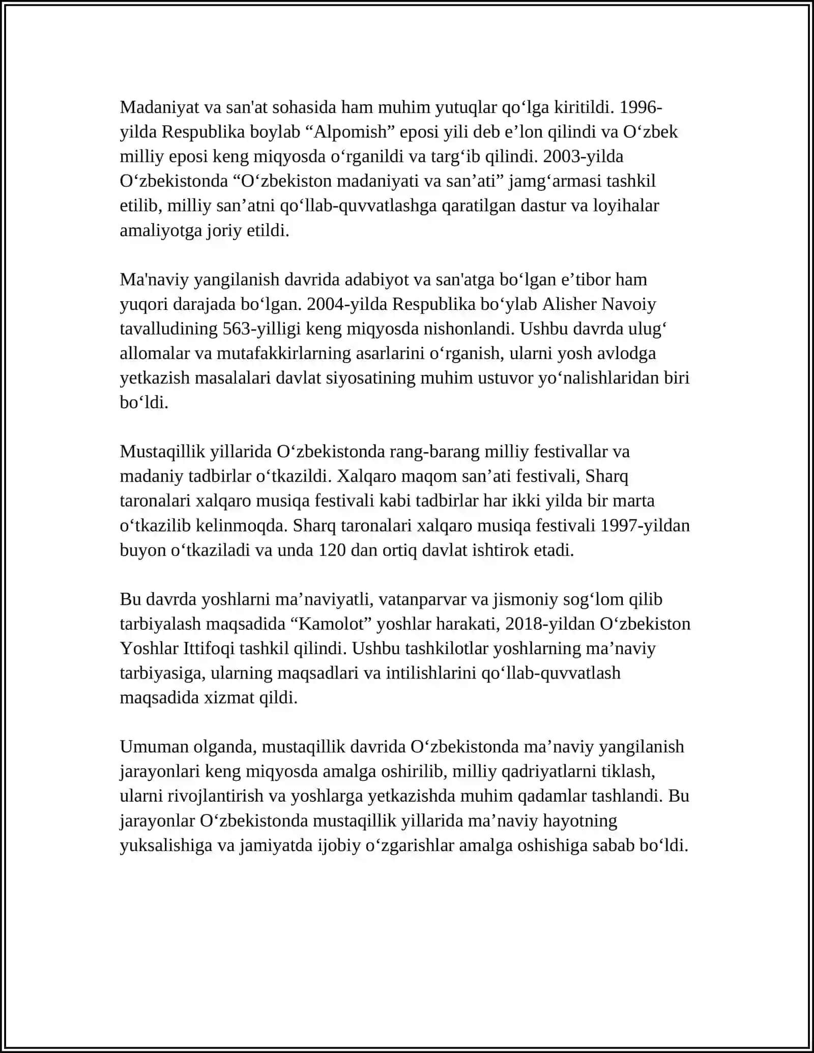 MUSTAQILLIK YILLARIDA O‘ZBEKISTONDAGI MA’NAVIY VA MADANIY TARAQQIYOT 4