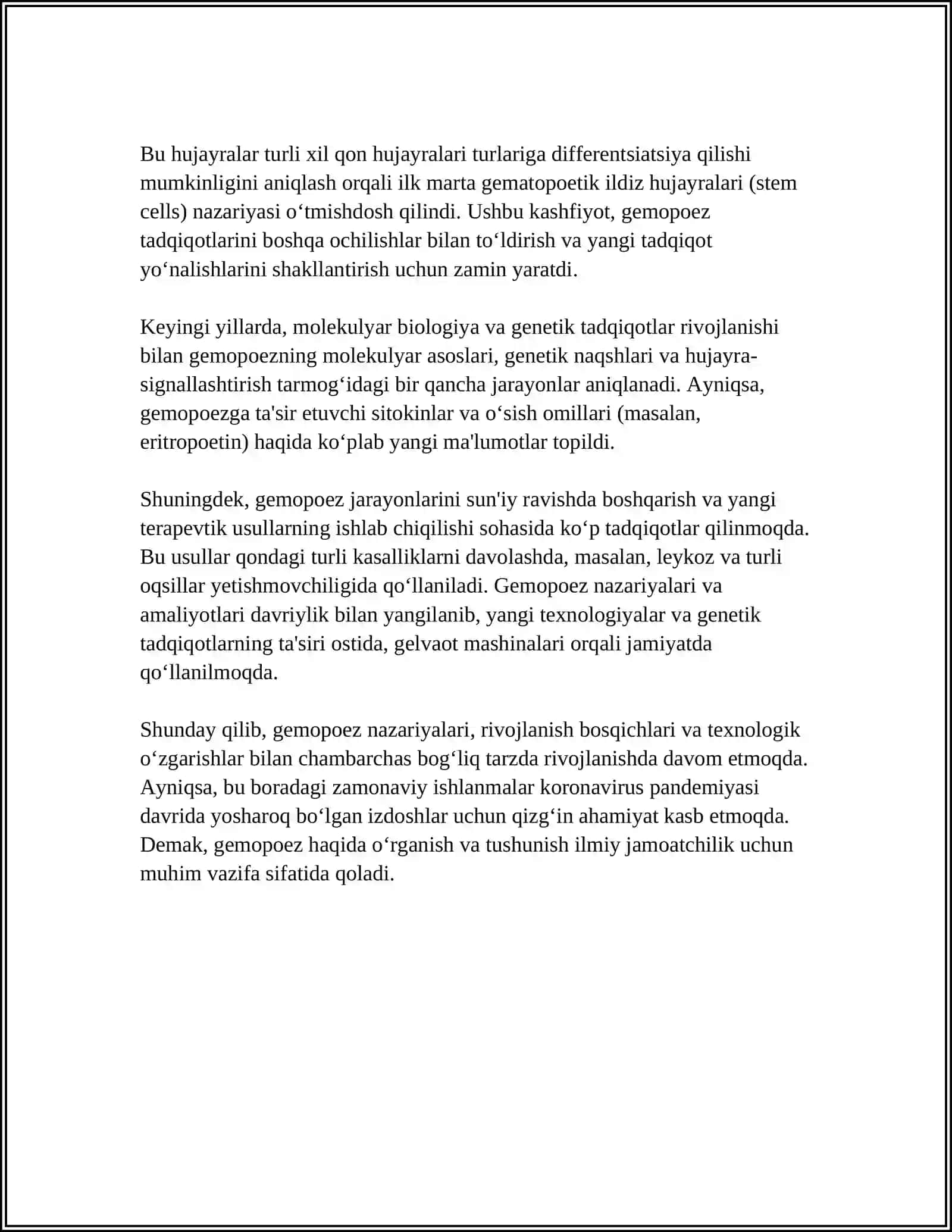 GEMATOPOEZ NAZARIYALARI. A.A. MAKSIMOVGA KORA GEMAPOEZ NAZARIYASINING MOHIYATI. QONNING O'ZAK HUJAYRASI. MORFO-FUNKTSIONAL XARAKTERISTIKASI 4