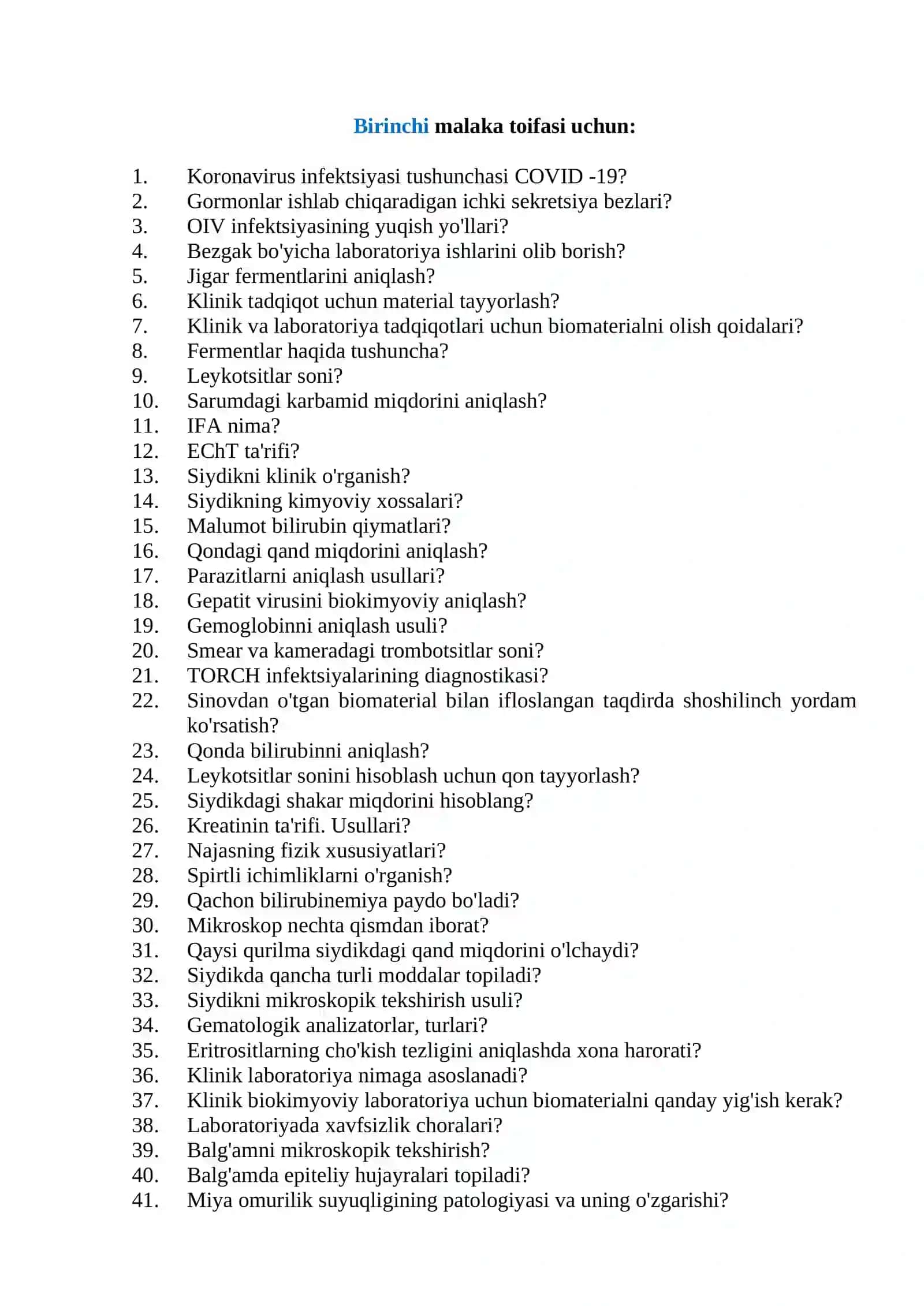 Laboratoriya ishi mutaxassisligi bo'yicha shakllantirilgan Og'zaki savollar ro'yxati 4
