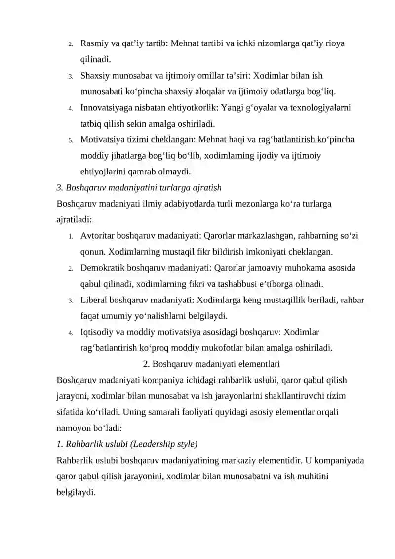 XORIJIY VA MAHLLIY KOMPANIYALARDA BOSHQARUV MADANIYATINI QIYOSLASH VA BERILGAN MUOMMONI KENG TAHLIL QILISH 4
