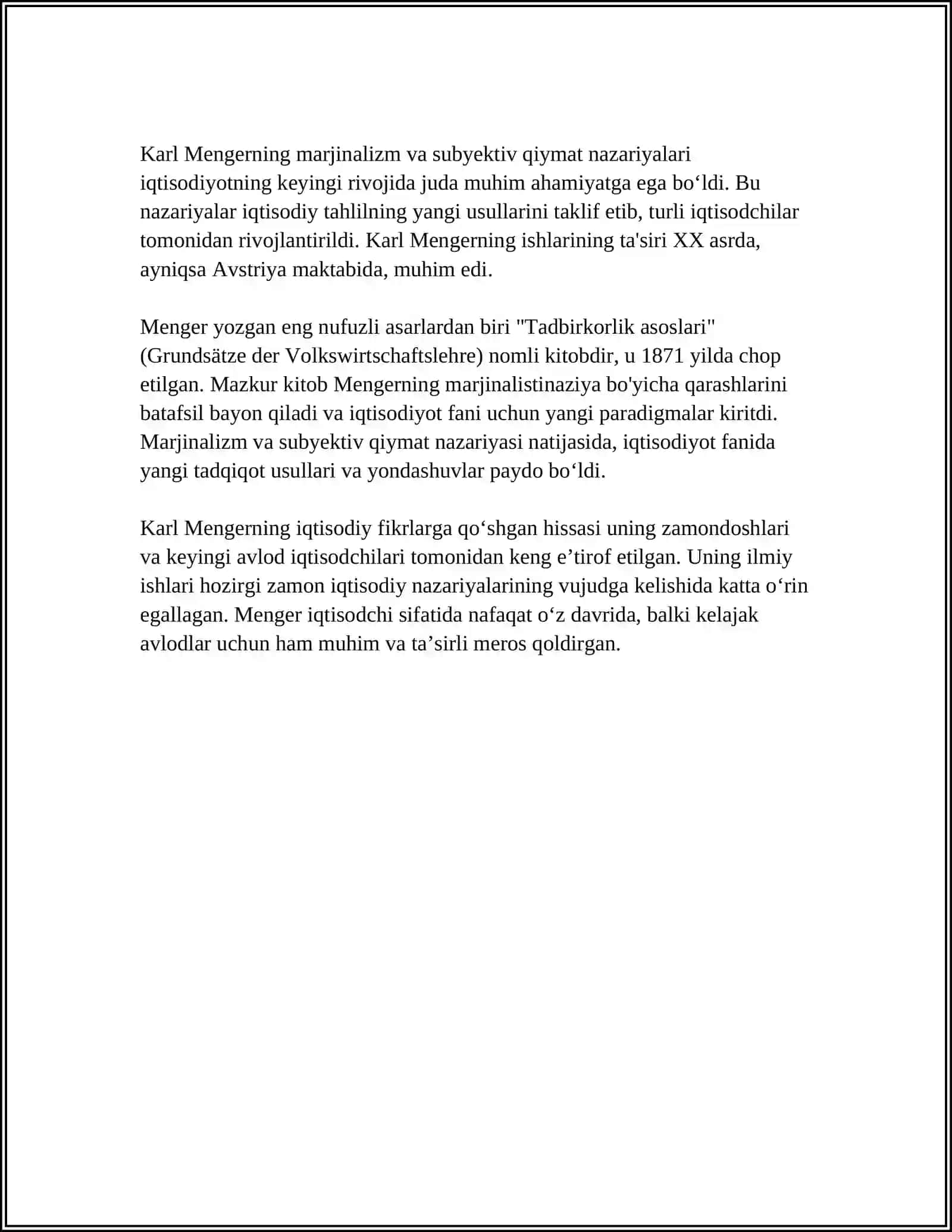 MARJINALIZM RIVOJLANISHIGA KARL MENGERNING AHAMIYATI 4