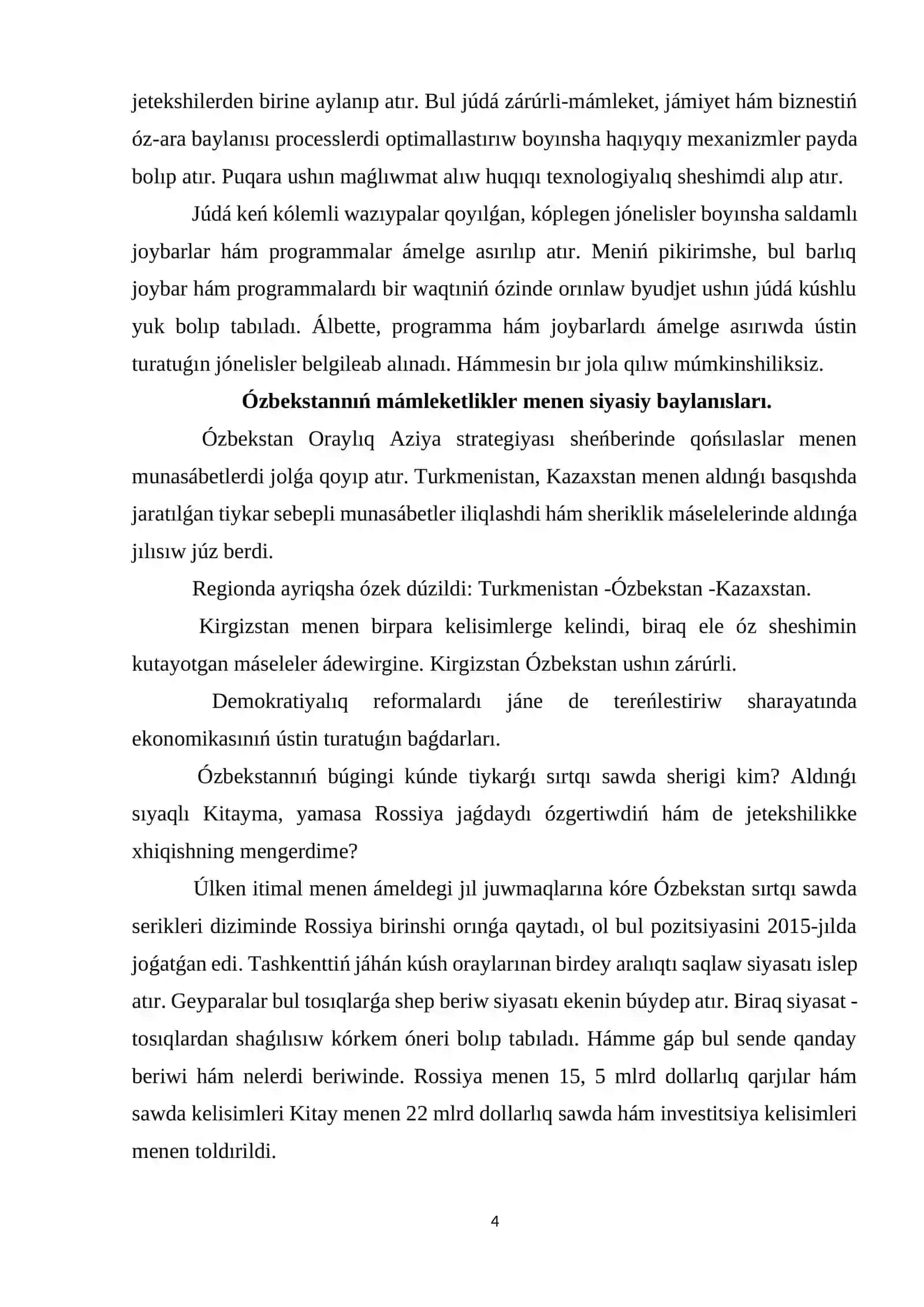 Ózbekstanda ámelge asırılıp atırġan reformalardıń jańa basqıshı 4