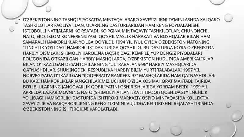 Reja: O‘zbekistonning xalqaro tashkilotlar va xorijiy mamlakatlar bilan iqtisodiy-siyosiy aloqalarining o‘rnatilishi va rivojlanishi 4
