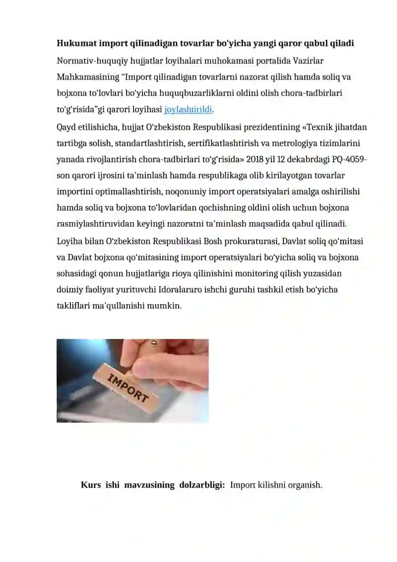 Tavarlarni import qilish bo'yicha operatsiyalarni hisobga olish quyi tizimini ishlab chiqish 4