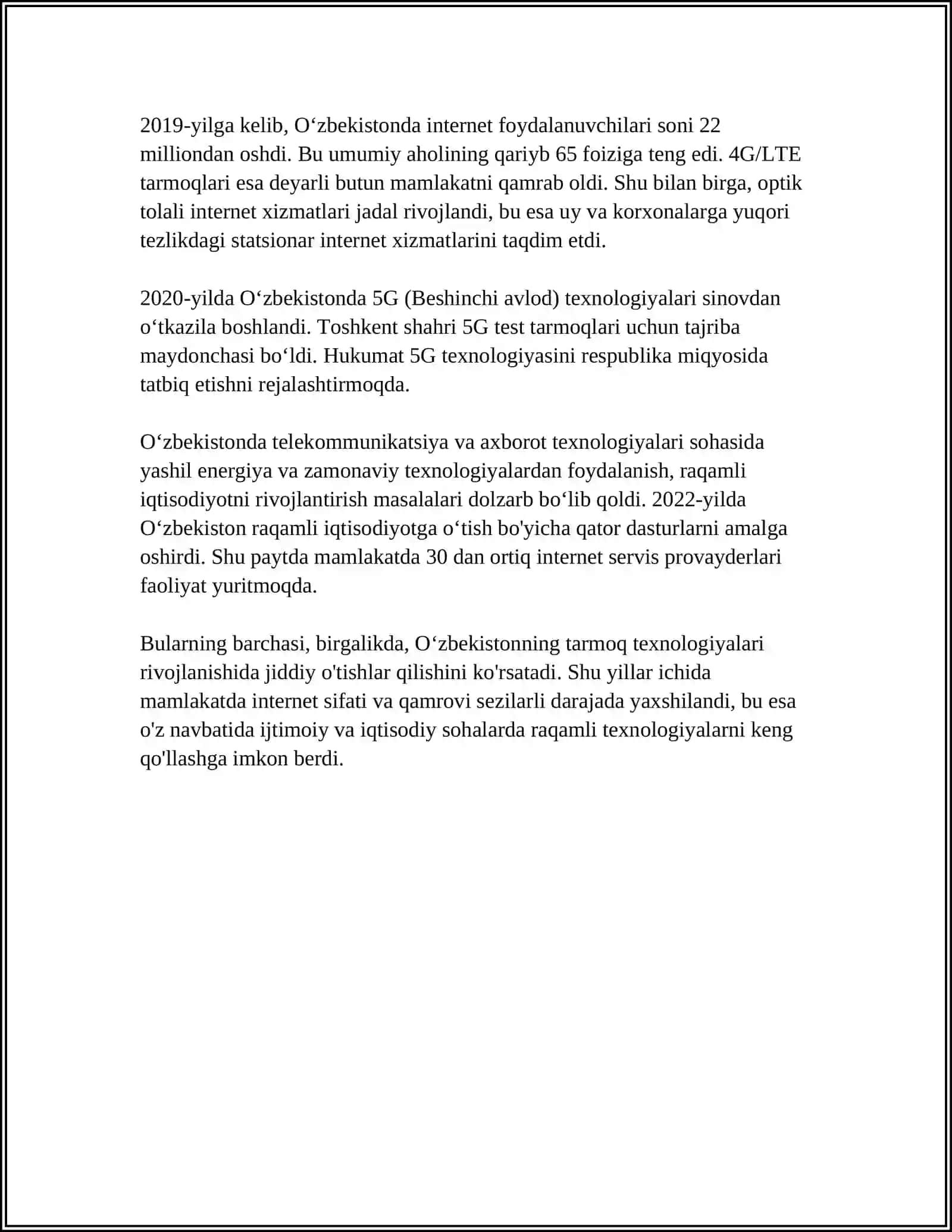 MUSTAQIL ISH Mavzu: OʻZBEKISTONDA TARMOQ TEXNOLOGIYALARINI RIVOJLANISHI VA IQTISODIYOTDAGI SAMARADORLIGI 4