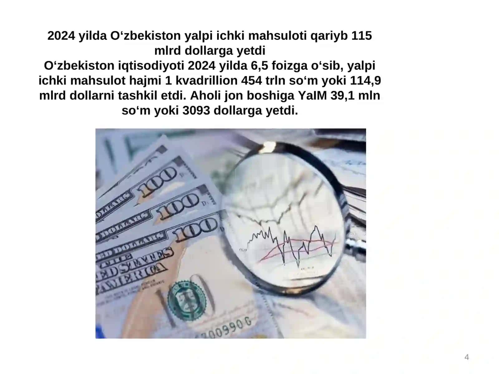 2024 yilda O‘zbekiston yalpi ichki mahsuloti qariyb 115 mlrd dollarga yetdi 4