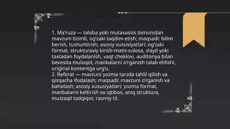 Ma'ruza va Referat.òxshash va farqli tomonlari 4
