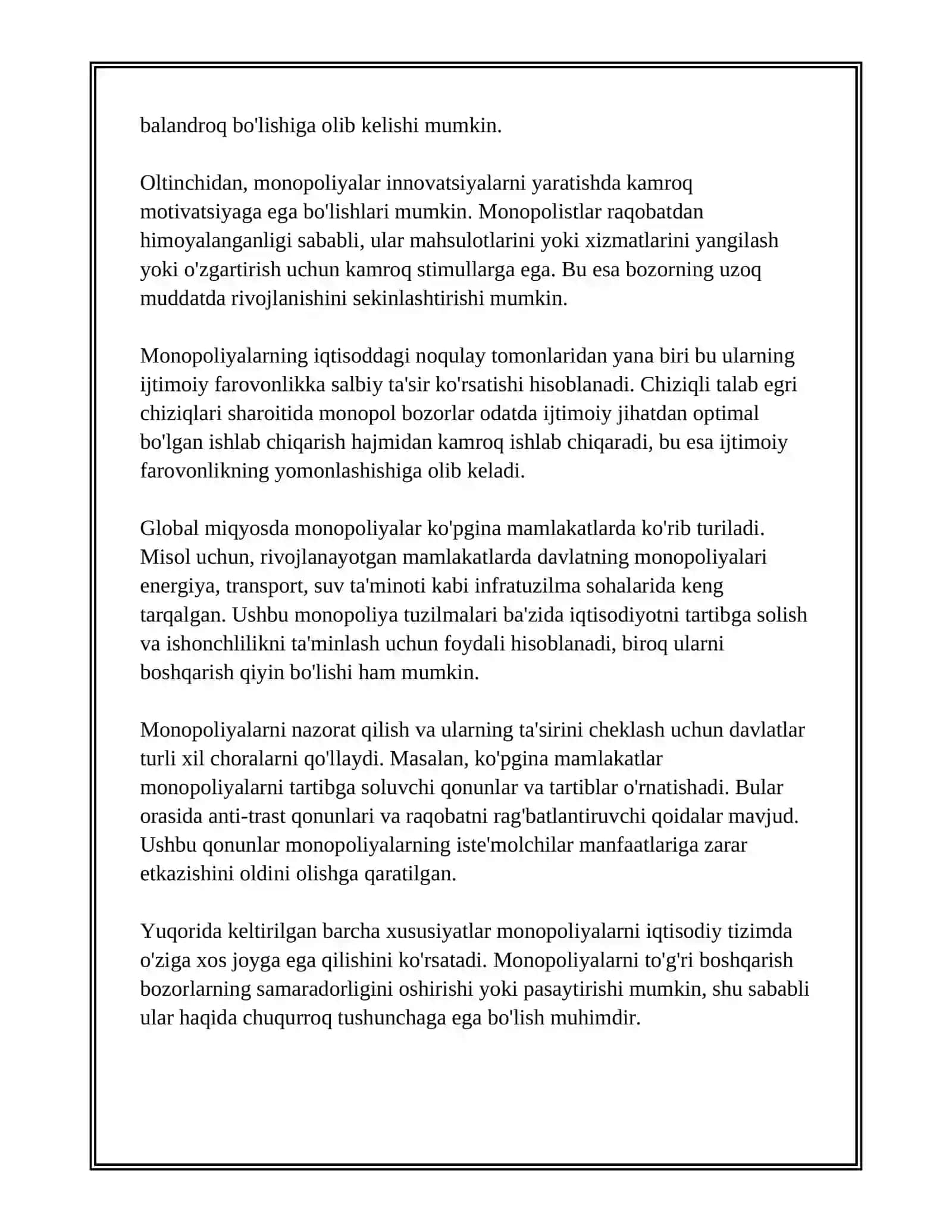 MONOPOLIYALAR, ULARNING AMAL QILISH VA TARTIBGA SOLISH XUSUSIYATLARI 4