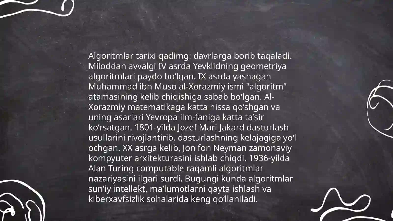 Algoritm tushunchasi va ulardan foydalanish. Algoritm va ularning xossalari. Algoritm nazariyasiga asos solgan olimlar 4