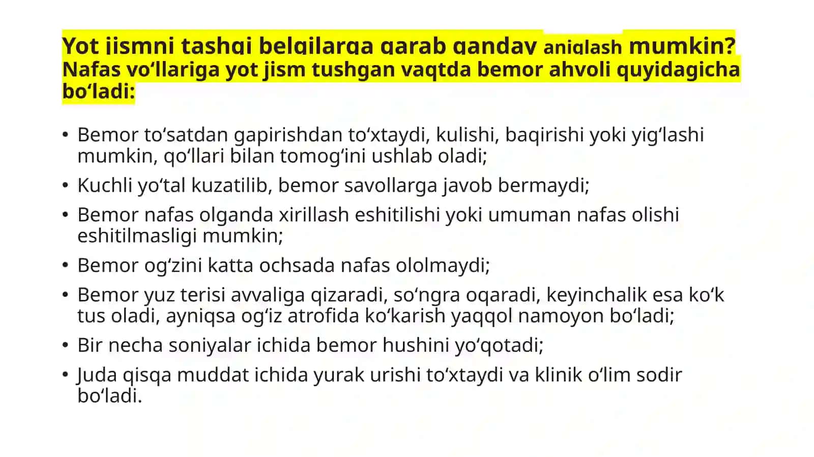NAFAS YO’LLARIDA YOT TANA. SHOSHILINCH TIBBIY YORDAM ALGORITMI 4
