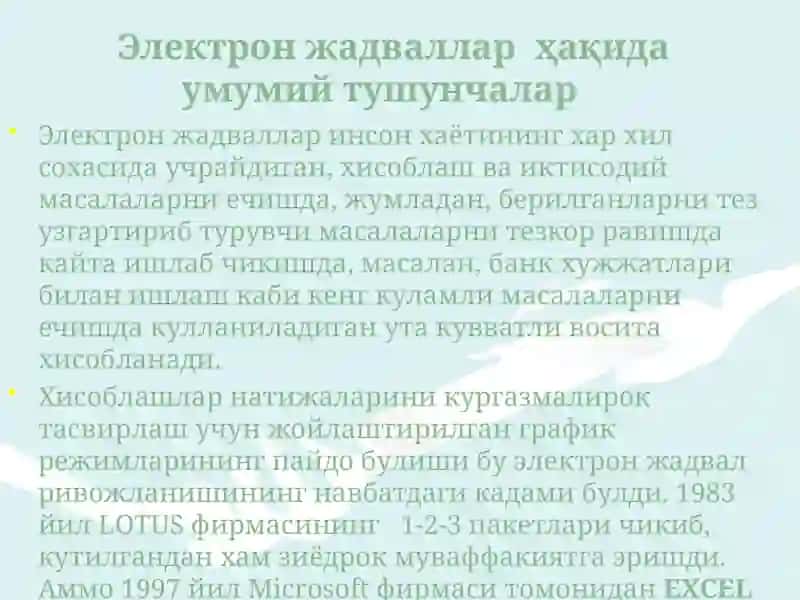 MICROSOFT EXCEL – ЭЛЕКТРОН ЖАДВАЛЛАРИ БИЛАН ИШЛАШ 4